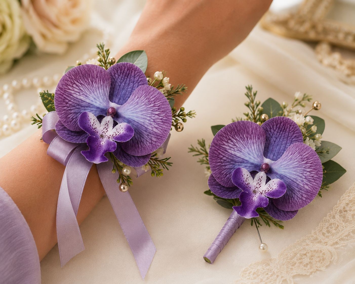 Real Touch Orchid Heads Set of 2 Purple Phalaenopsis Blooms 3.5 Inch for Corsage