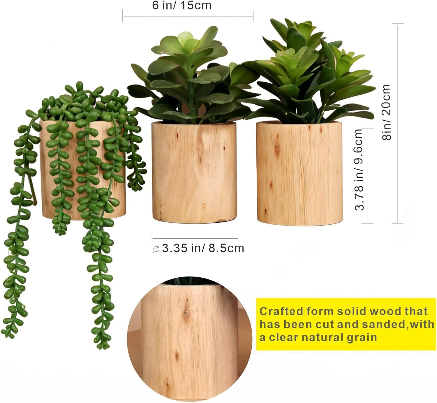 Set of 3 Artificial Succulents in Wooden Pots for Home & Office Decor
