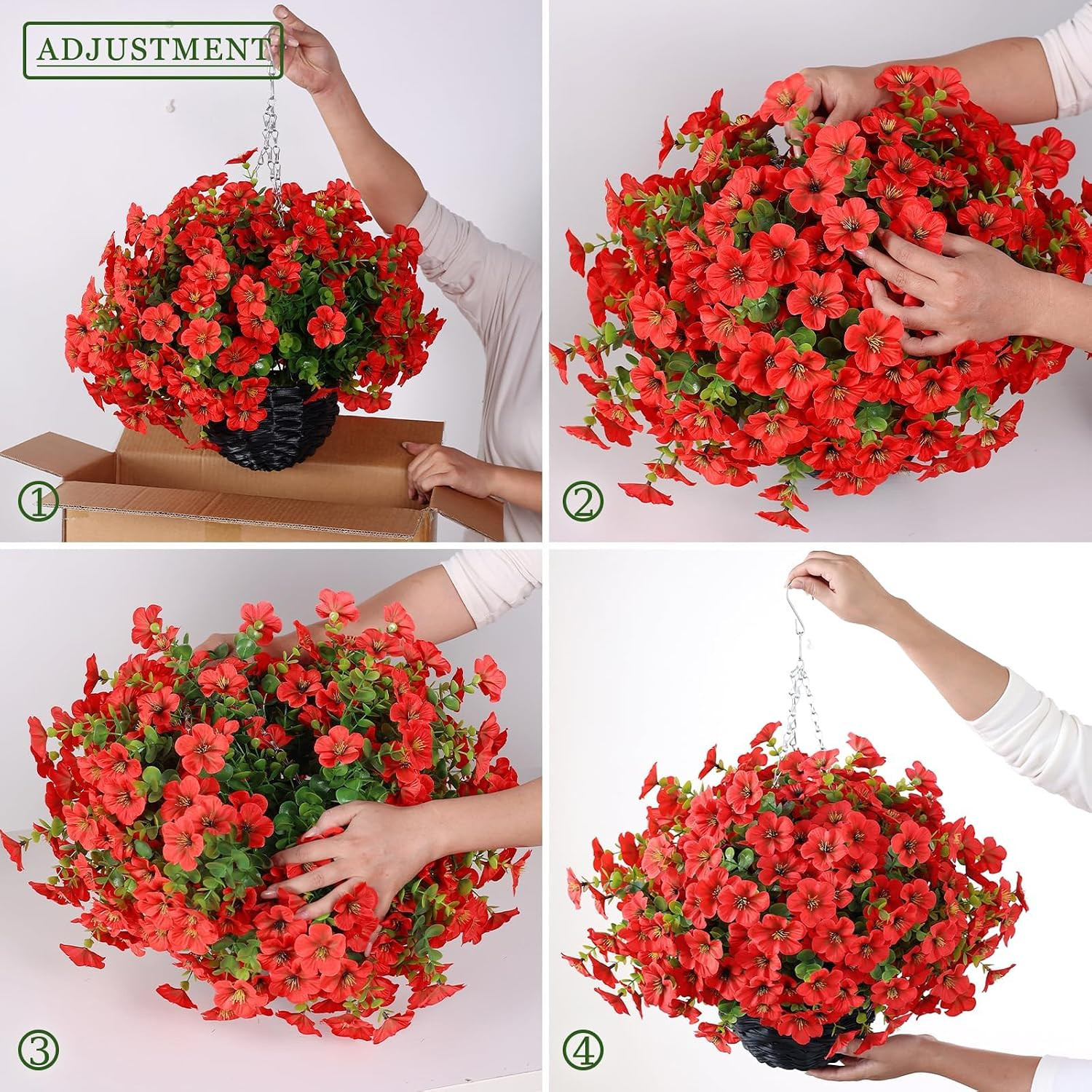 Red Artificial Morning Glory & Eucalyptus Hanging Baskets for Outdoor Decor