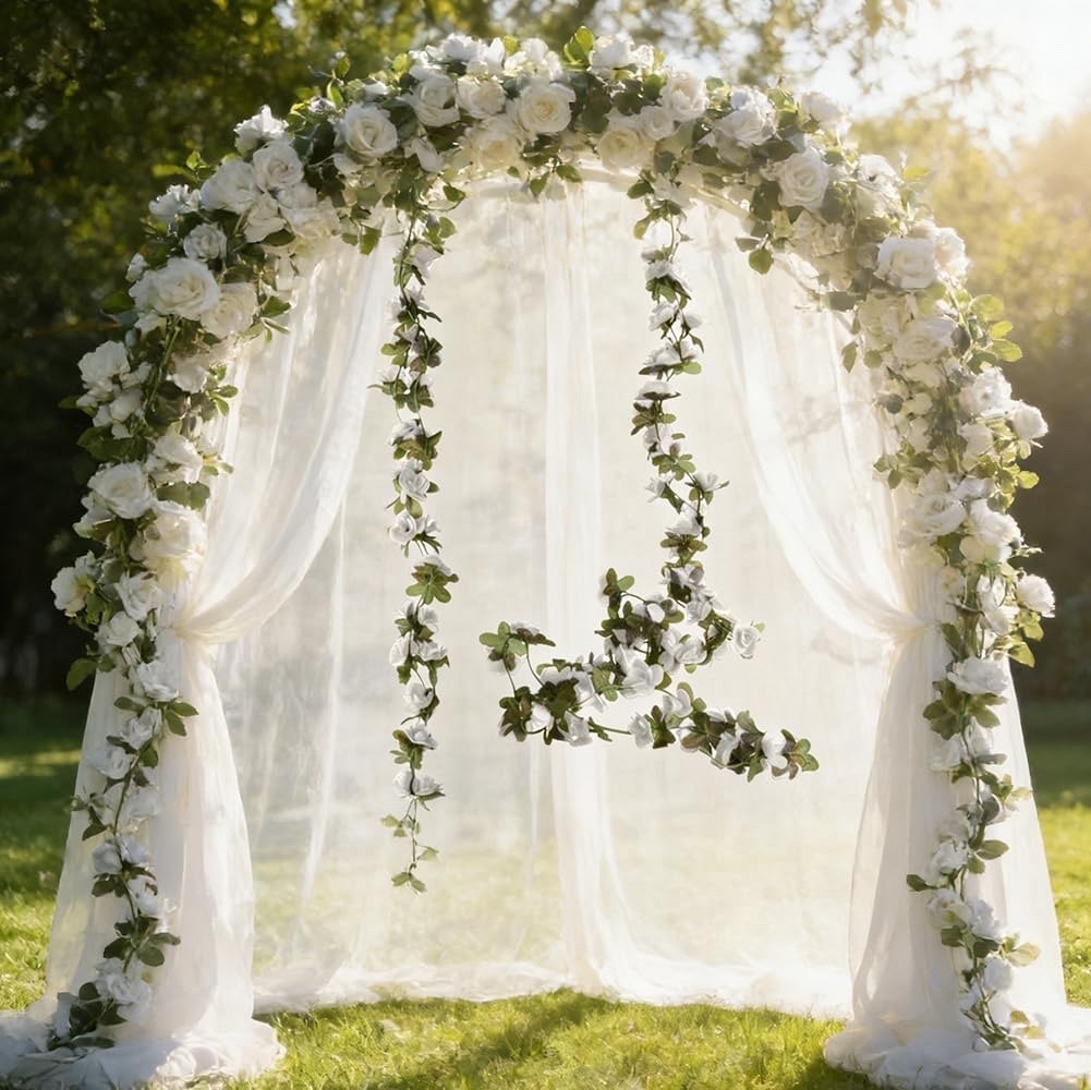 2 Pack 16 feet Artificial White Rose Vine Garland Wedding Decor Floral Hanging.