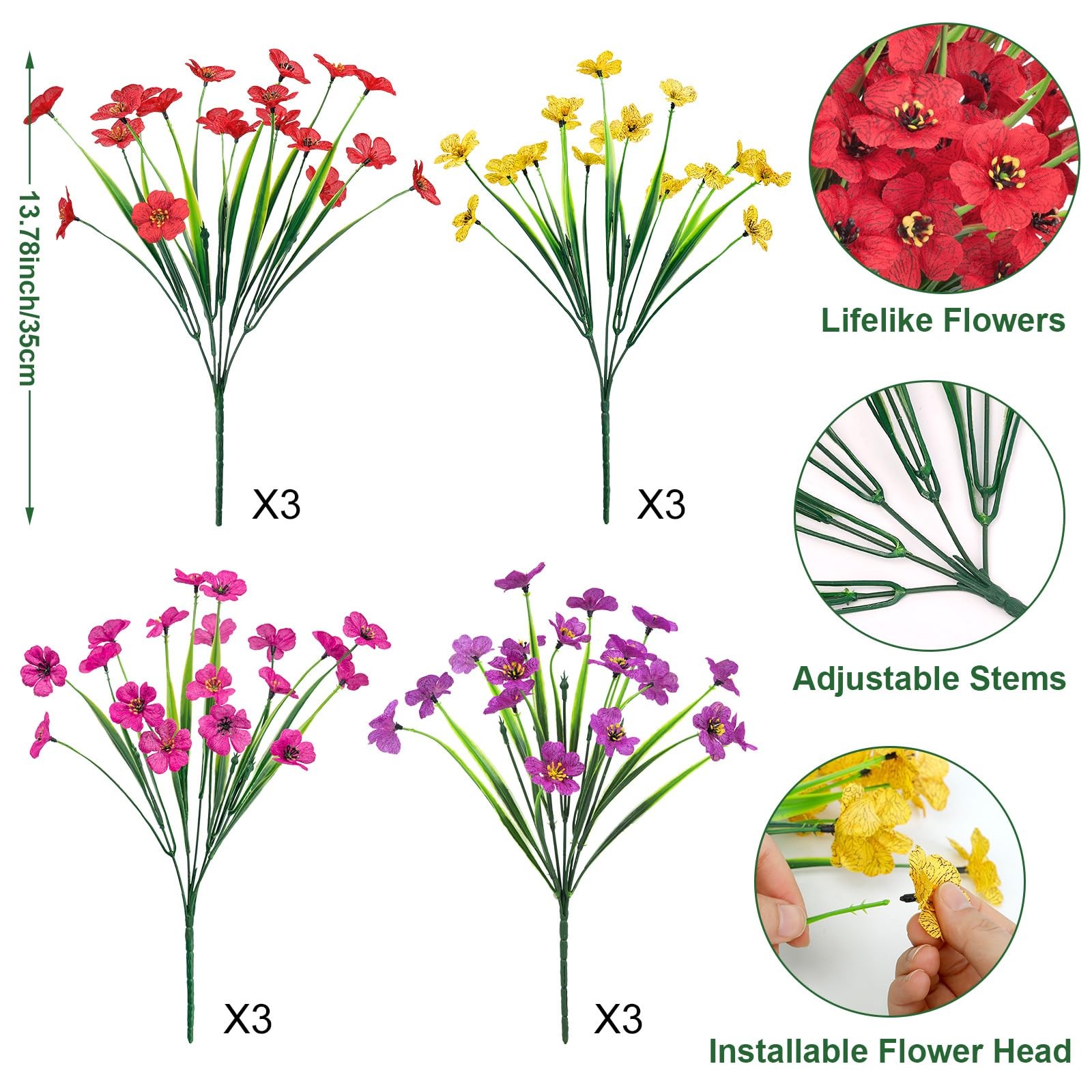 12 Bundles Artificial Flowers for Outdoors Decor, Multicolor