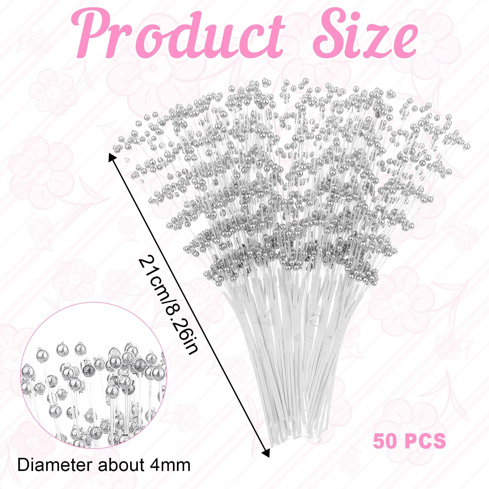 Silver Floral Picks, 50pcs 4mm Pearl Stick Stems Bouquets Silver Bead String …