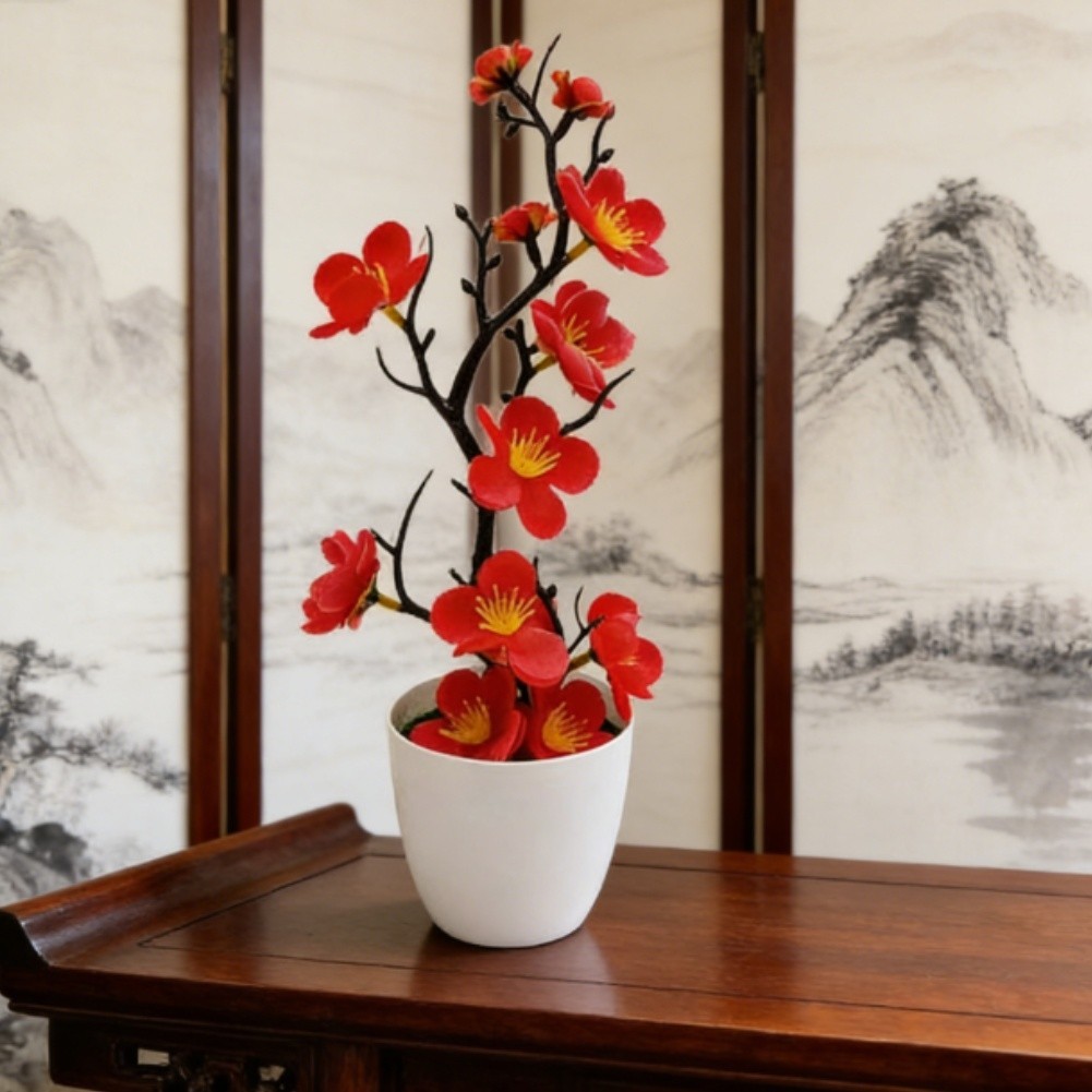 Plastic Artificial Bonsai with Mixed Color Plum Blossoms for Desk Centerpiece