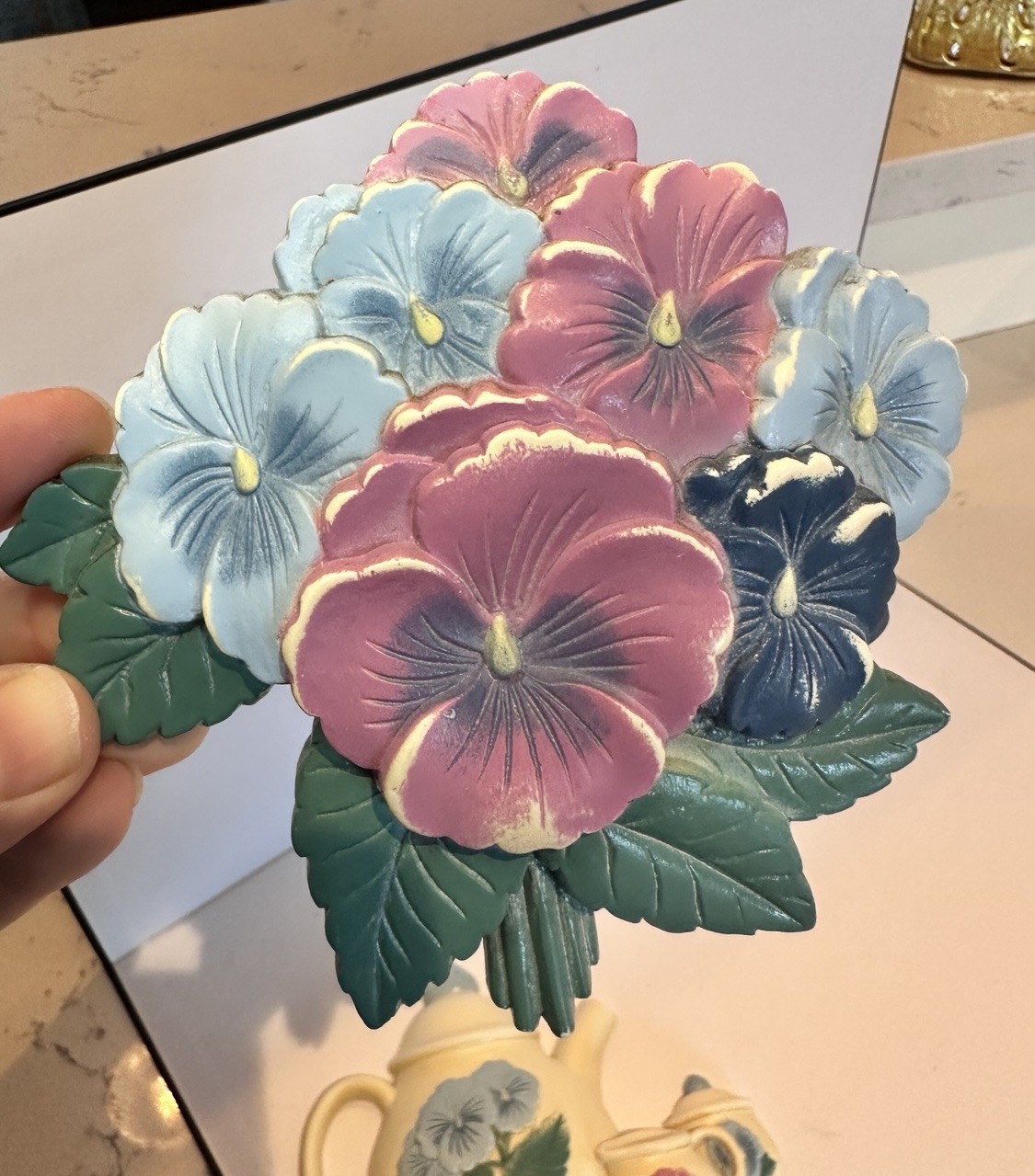 Vintage Burwood Pansy Flower & Teapot Wall Hanging Plaques Set (3)
