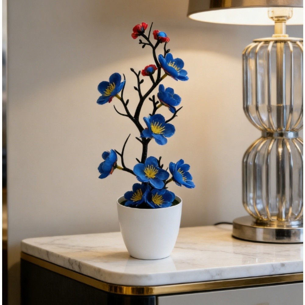 Plastic Artificial Bonsai with Mixed Color Plum Blossoms for Desk Centerpiece