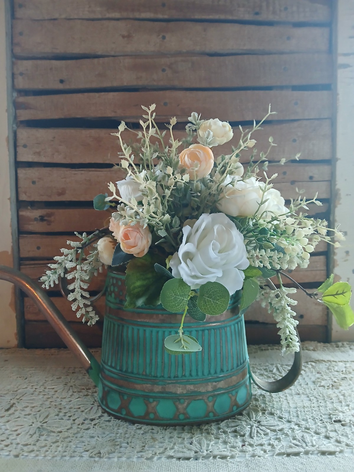 New Silk Flower Arrangement In Teal/Copper Watering Can. Peach, White/ Greens