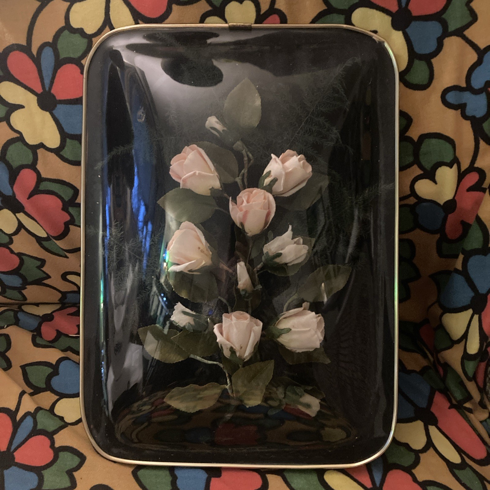Vintage silk flowers with convex plexiglass over it Wall Hanging. Very rare.