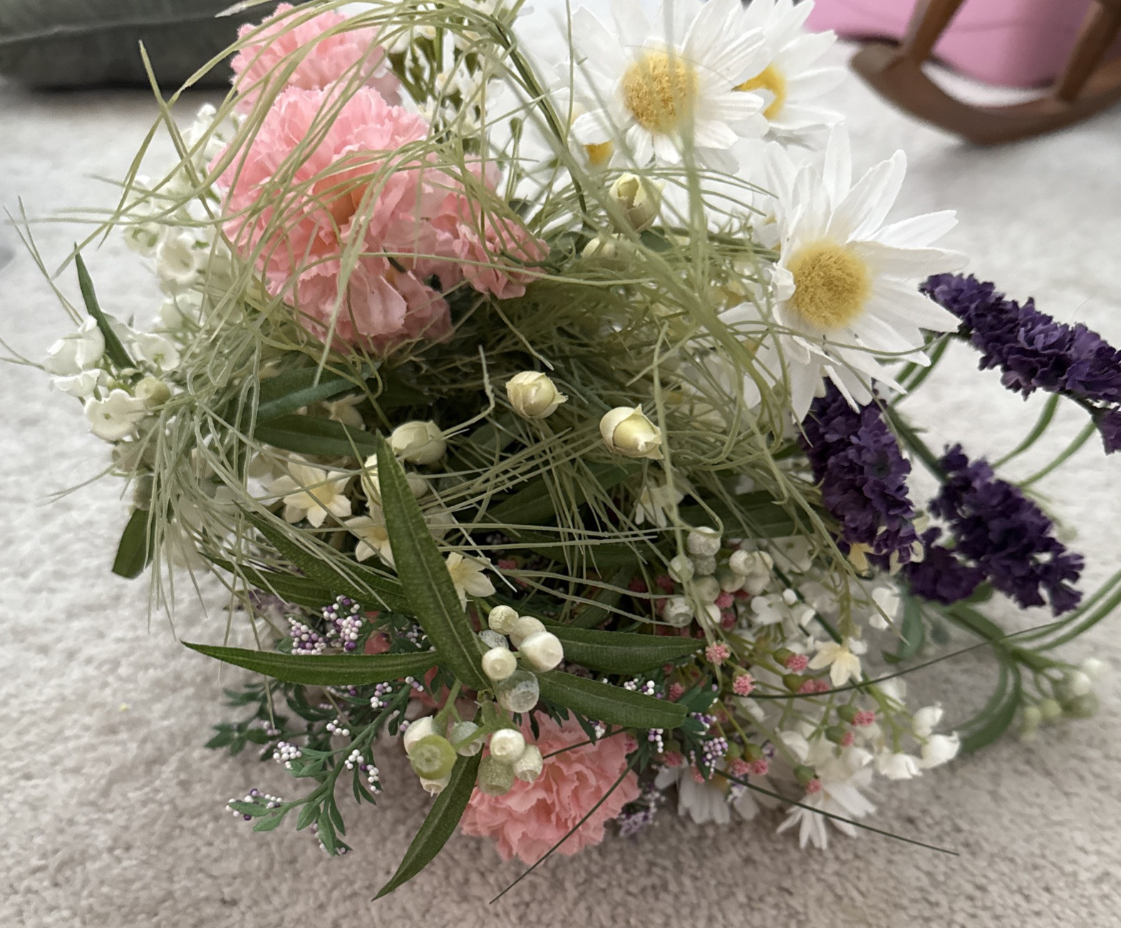Floral Arrangement Bouquet Flowers Pink Purple White Yellow Green Rustic Wild