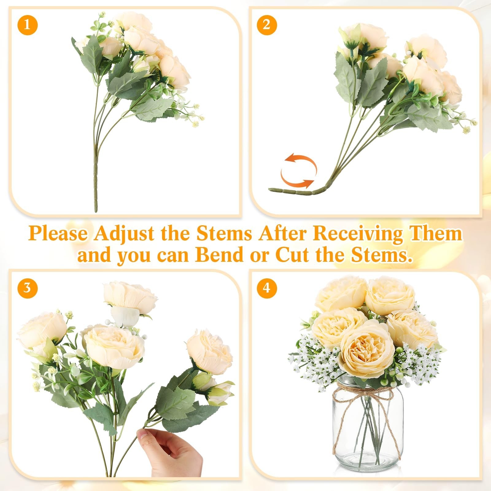 12 Sets Rustic Mason Jar Centerpieces, Faux Peony & Baby’s Breath Bouquets, Wedd