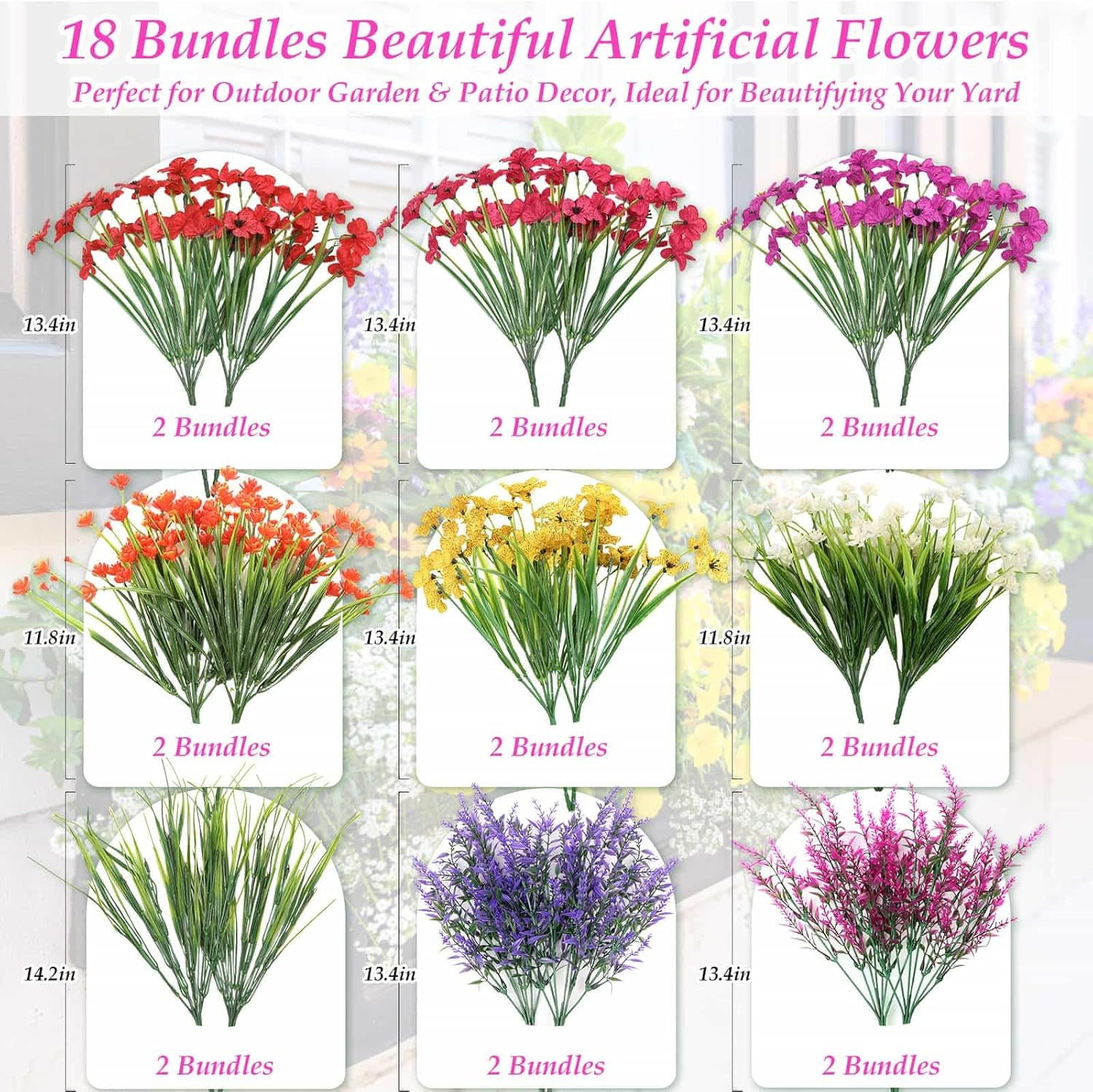 18 Bundles Artificial Flowers for Outdoors, UV Resistant Realistic Fake Spring S