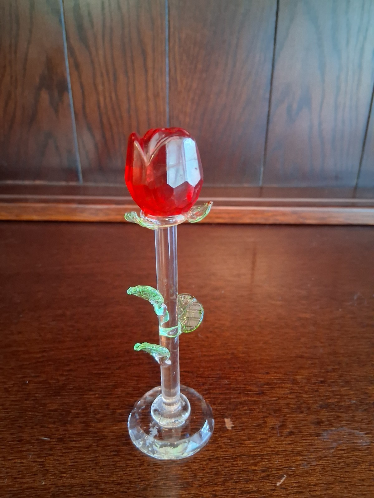 Painted Rosebud With Leaves And Clear Stem And Round Base About 5 Inches Tall