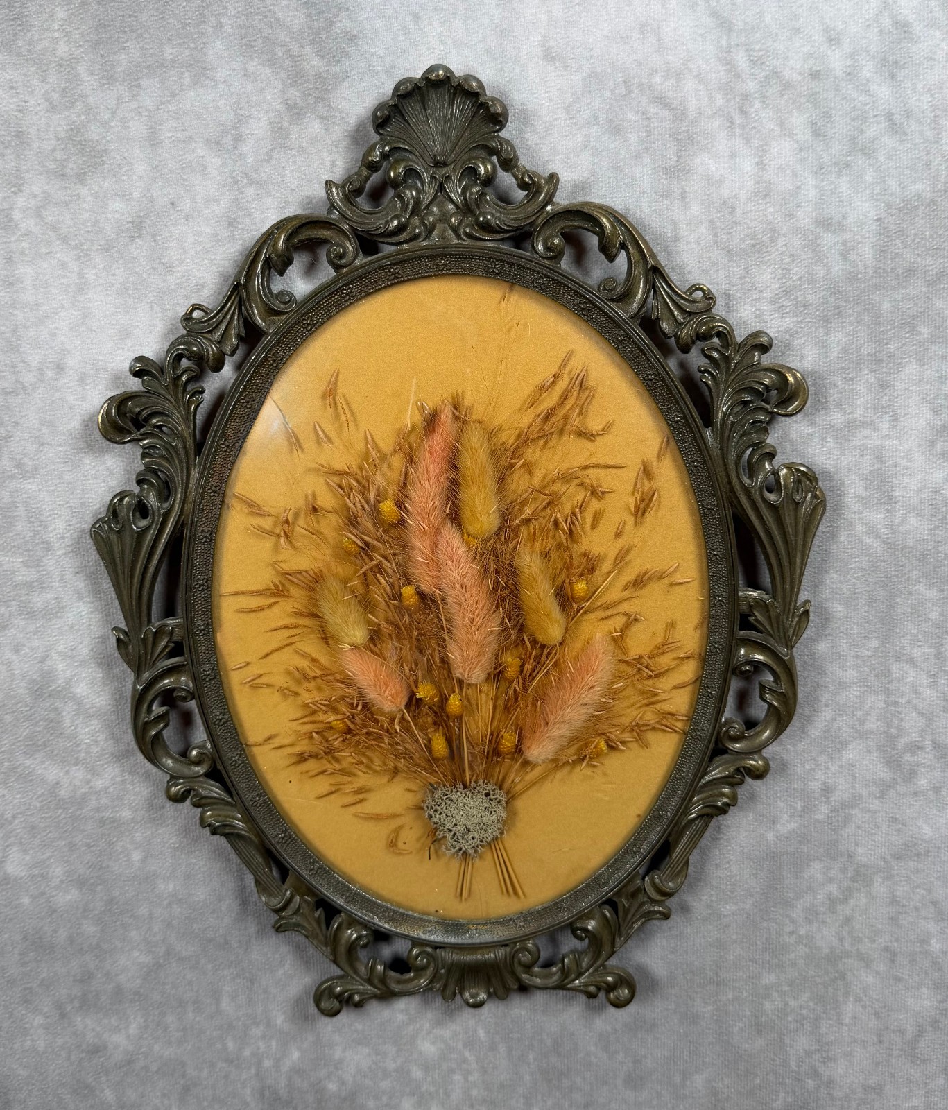 Vintage Italy Herbarium Dried Cattails Brass Oval Baroque Wall Art