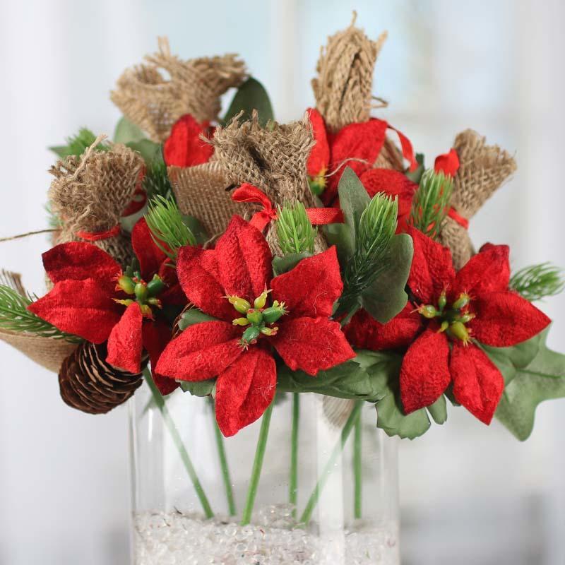 Package of 6 Rustic Artificial Poinsettia 9-1/2″ Picks with Burlap Accents