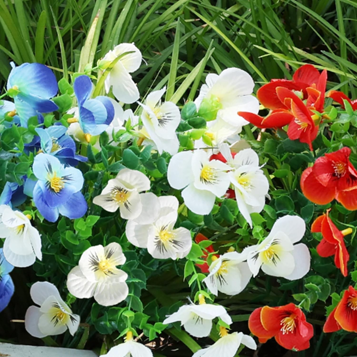 Artificial Pansy Flowers with Eucalyptus—Perfect for Gardens & Porches, 12 Count