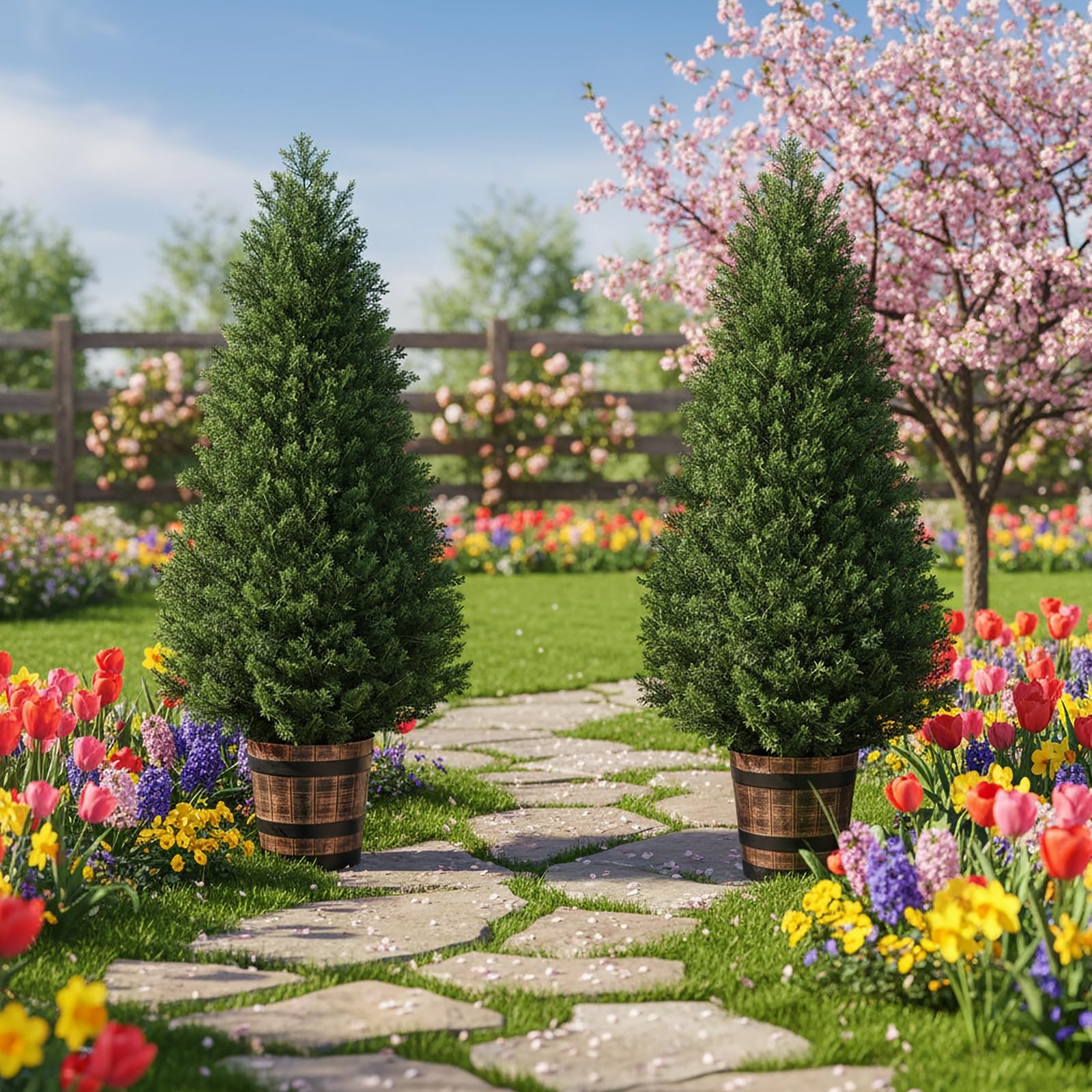 Set of 2 Artificial Cedar Topiary Trees 4FT – Indoor Faux Pine Shrubs with Ba…