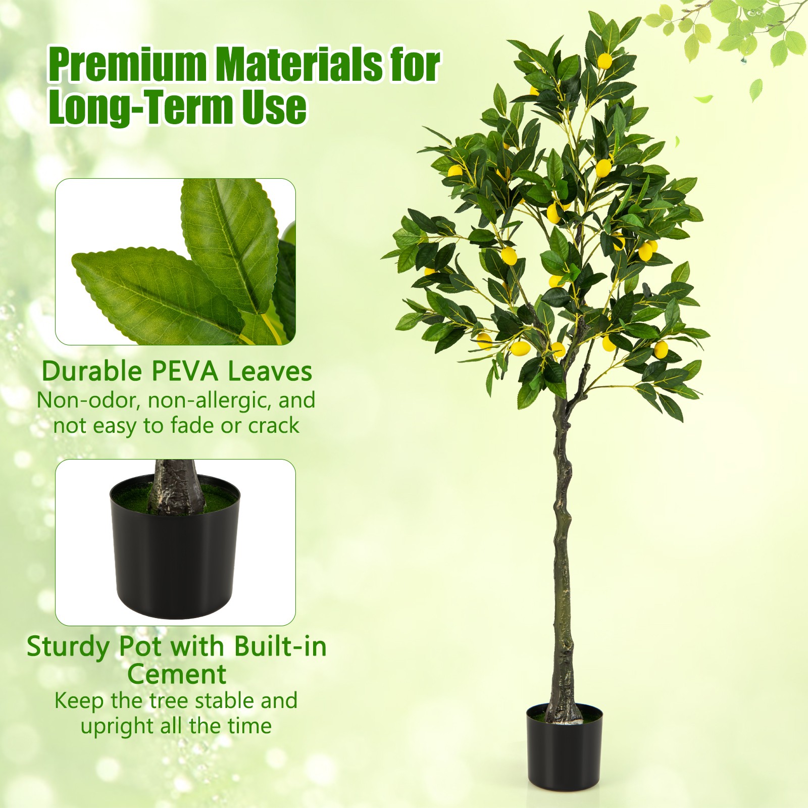 2 PCS 5.2 FT Tall Artificial Lemon Tree w/ Lemon Fruits, Cement Pot for Office