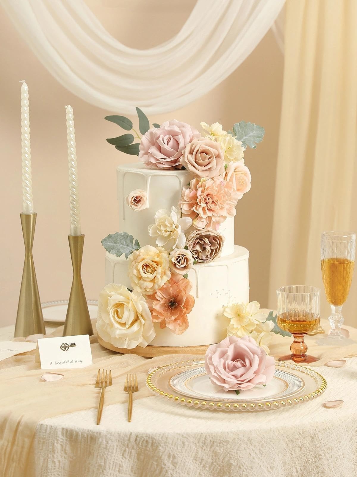 Artificial Flowers Combo Champagne Fake Roses Silk Flowers with Stems for DIY…