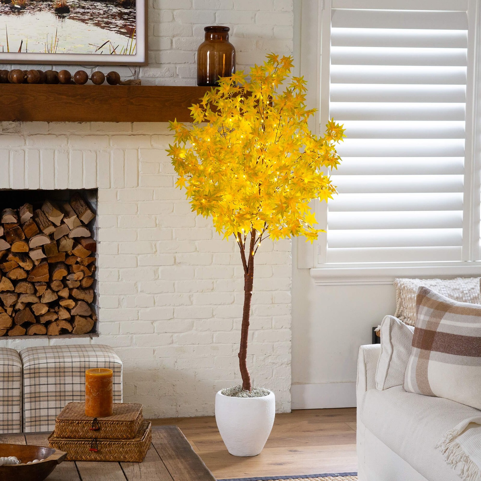 Nearly Natural 6ft Pre-Lit Yellow Autumn Maple Fall Tree w/ 350 Warm White LED