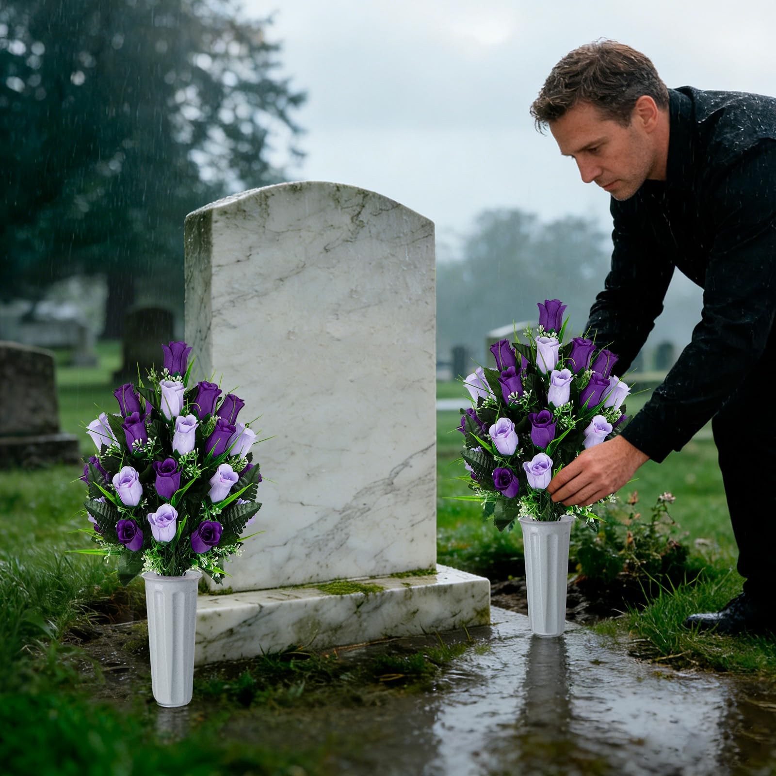 Artificial Cemetery Flowers – Set of 2 Grave Memorial Rose Flowers with Vase …