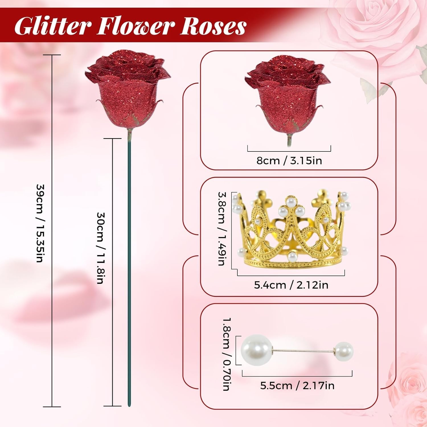 Red Glitter Roses Bouquet, 24 Pcs Shiny Glitter Flowers Bouquet, Everlasting Art