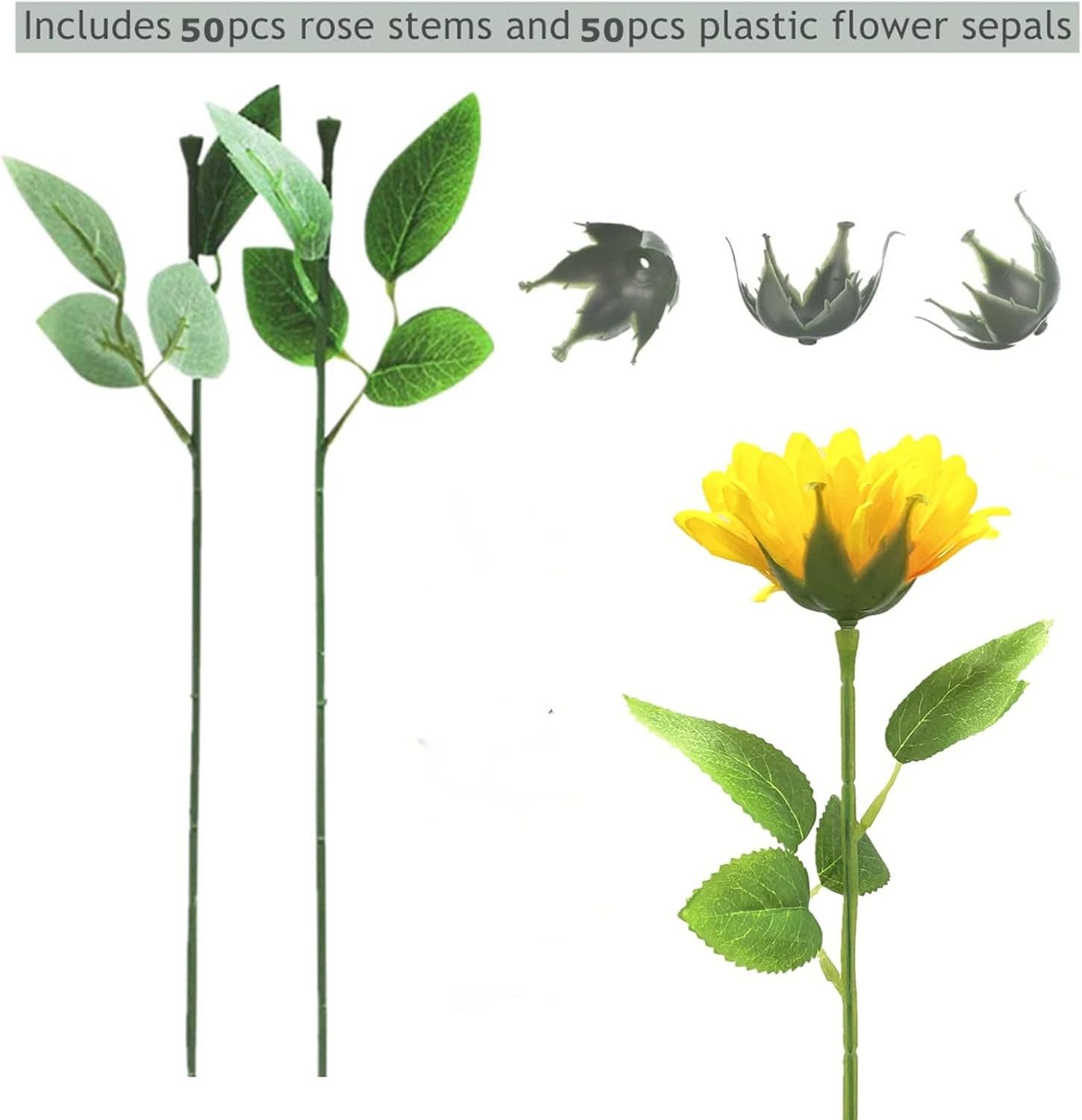 30Pcs Floral Wire Stem W/ Leaves & 30Pcs Artificial Flower Calyxes Set Plastic