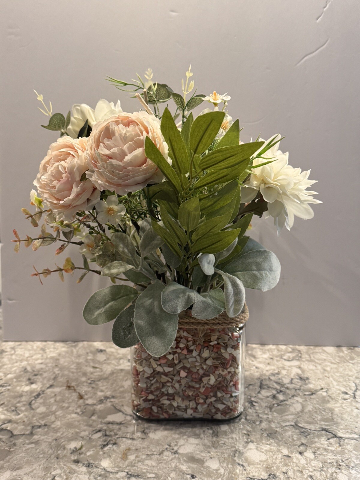 Spring Silk Floral Arrangement Clear Glass Vase Shell Chips Beach Decor