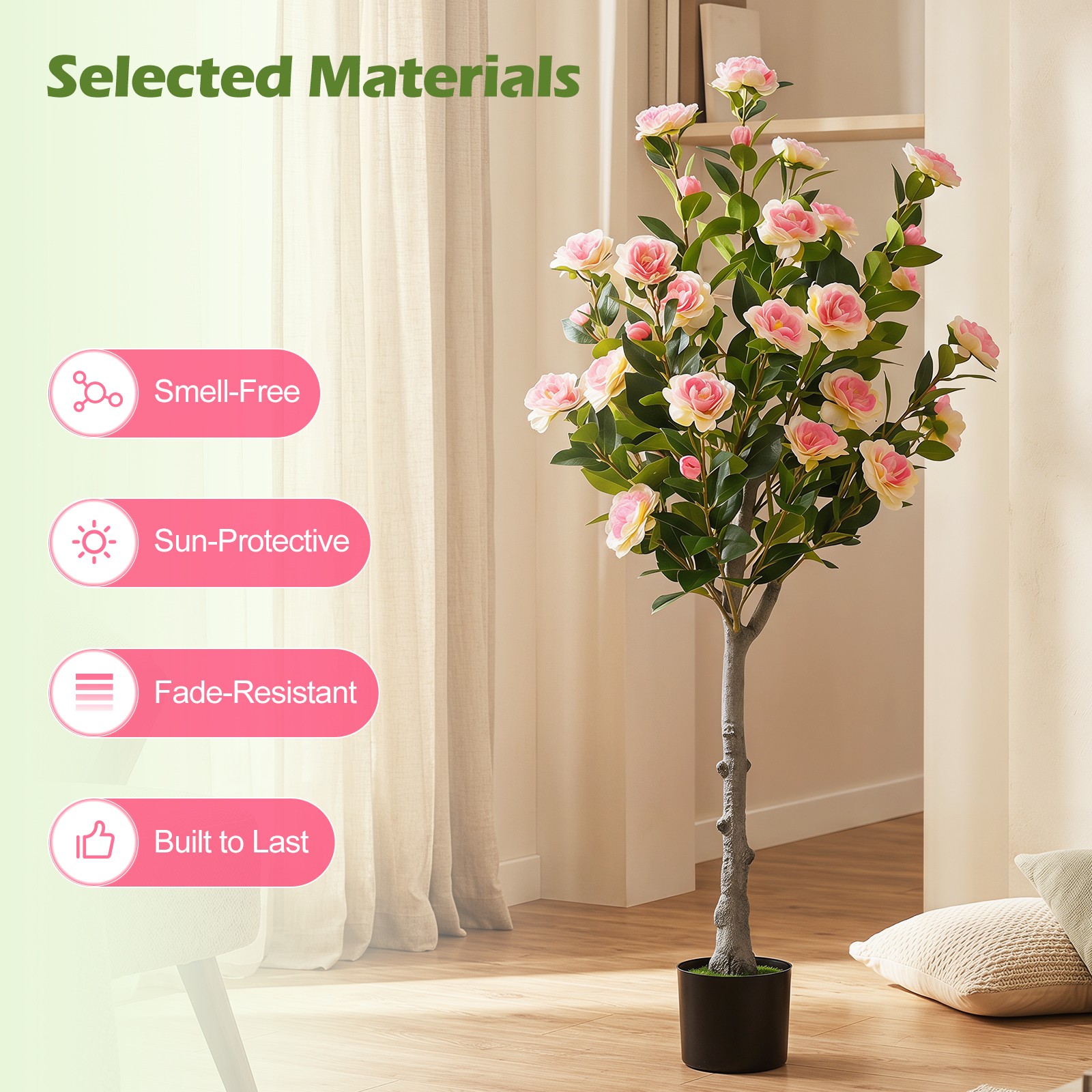 2PCS 50.5” Artificial Camellia Tree w/27 Camellia Blossoms in Cement-Filled Pot