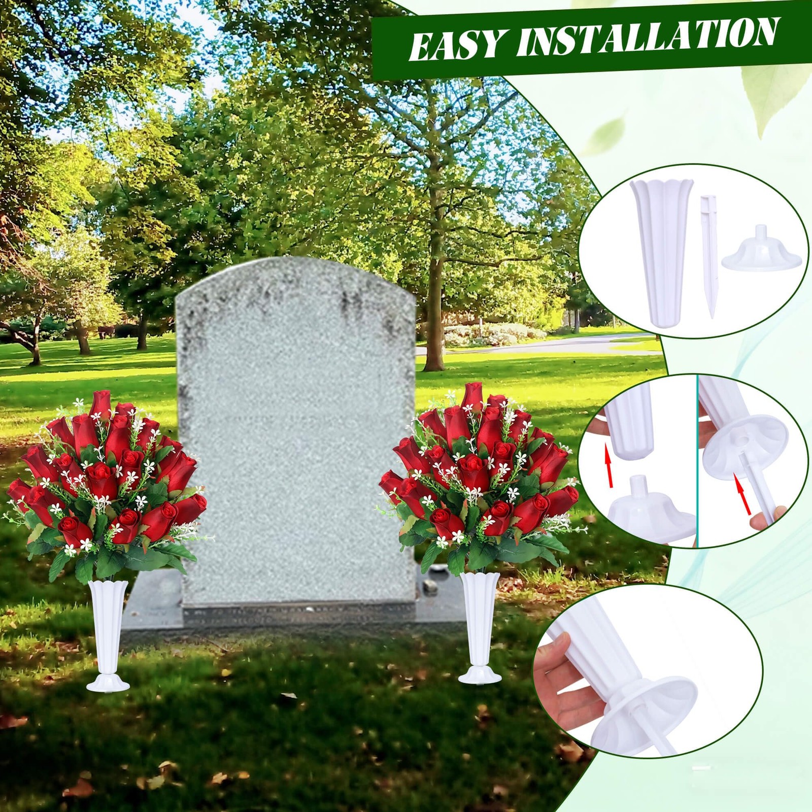 Artificial Cemetery Flowers,Set of 2 Grave Decorations Roses, Tombstone Memorial