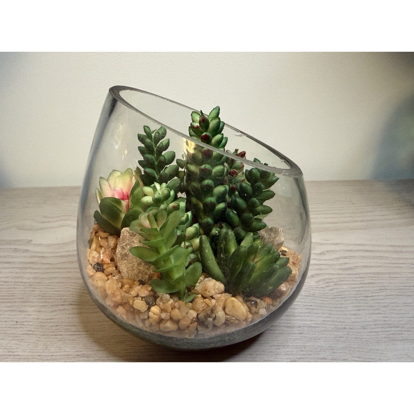 Faux Succulent Terrarium Bowl • Glass Cactus Arrangement • Tabletop Home Decor
