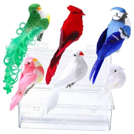 6pcs Realistic Artificial Birds with Real Feathers, Clip-on Christmas Tree