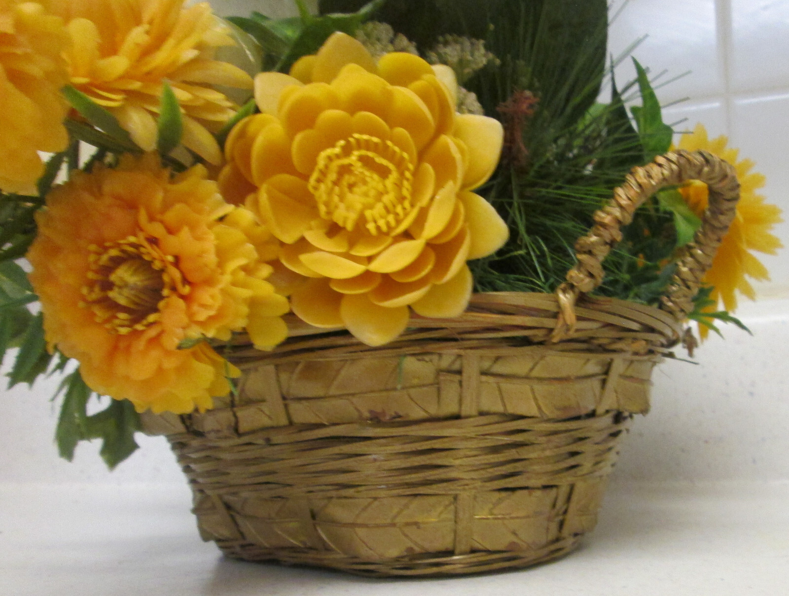 Artificial Flower Planter woven Basket Faux Indoor House Plant with Handles