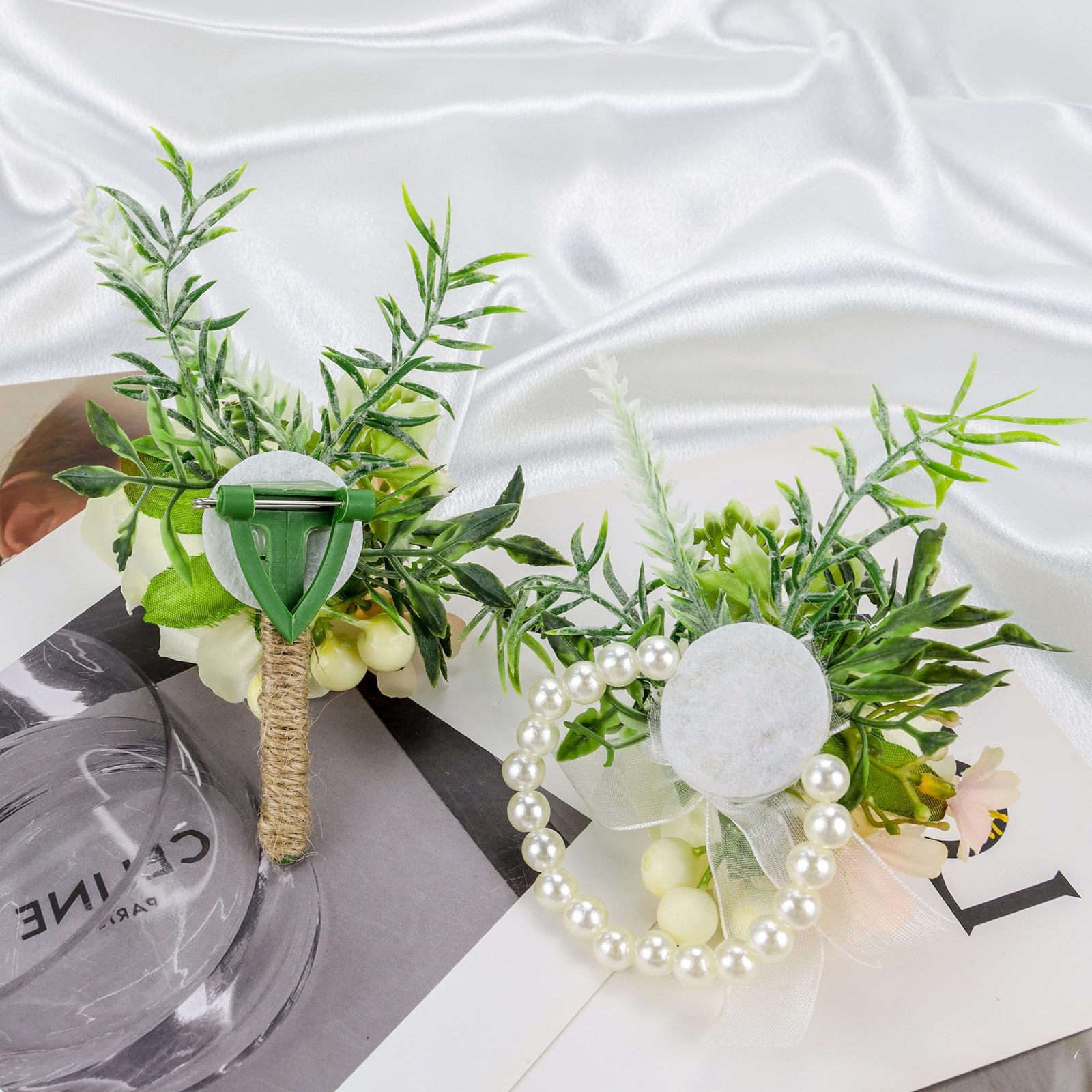 Creamy Wrist Corsage Boutonniere Set Prom Wedding Men Flowers Party 2 PCS