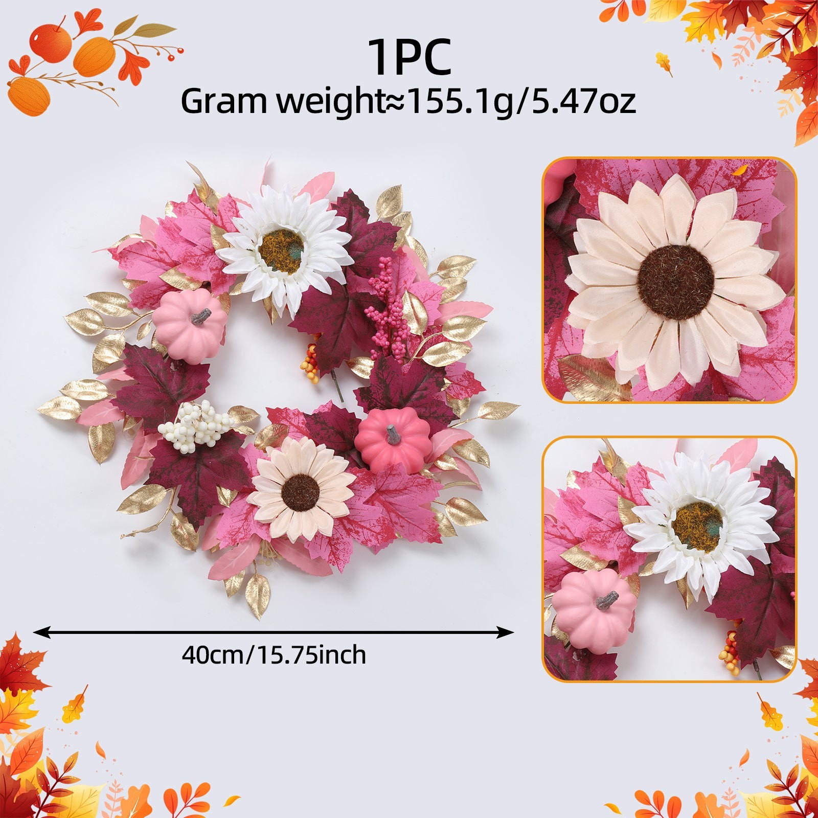 15.75in Artificial For Autumn Wreath Pastel Pink Theme with Pumpkins Sunflowers