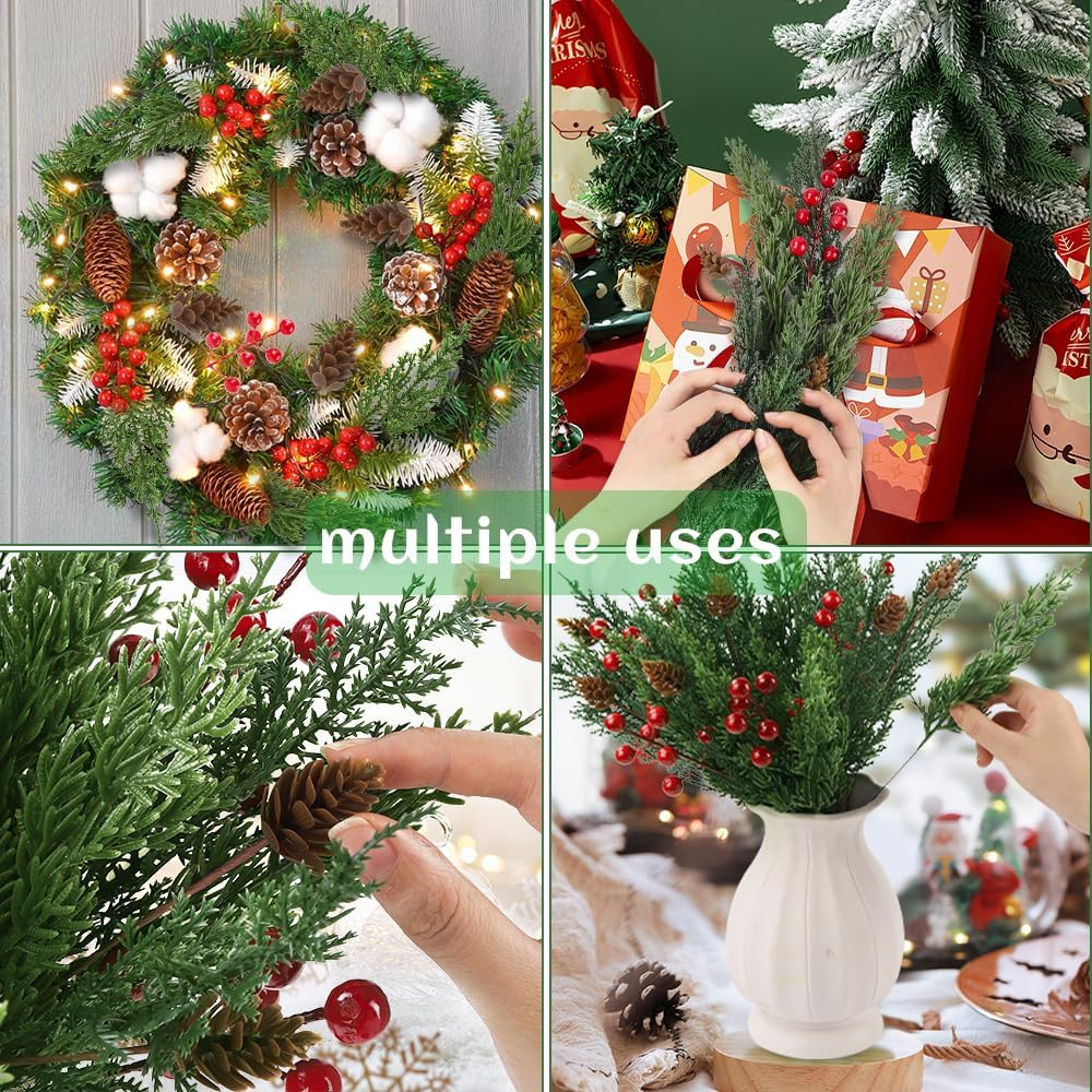 60 Pcs Christmas Artificial Pine Branches Red Berry Stems and Pine Cones, Fake F