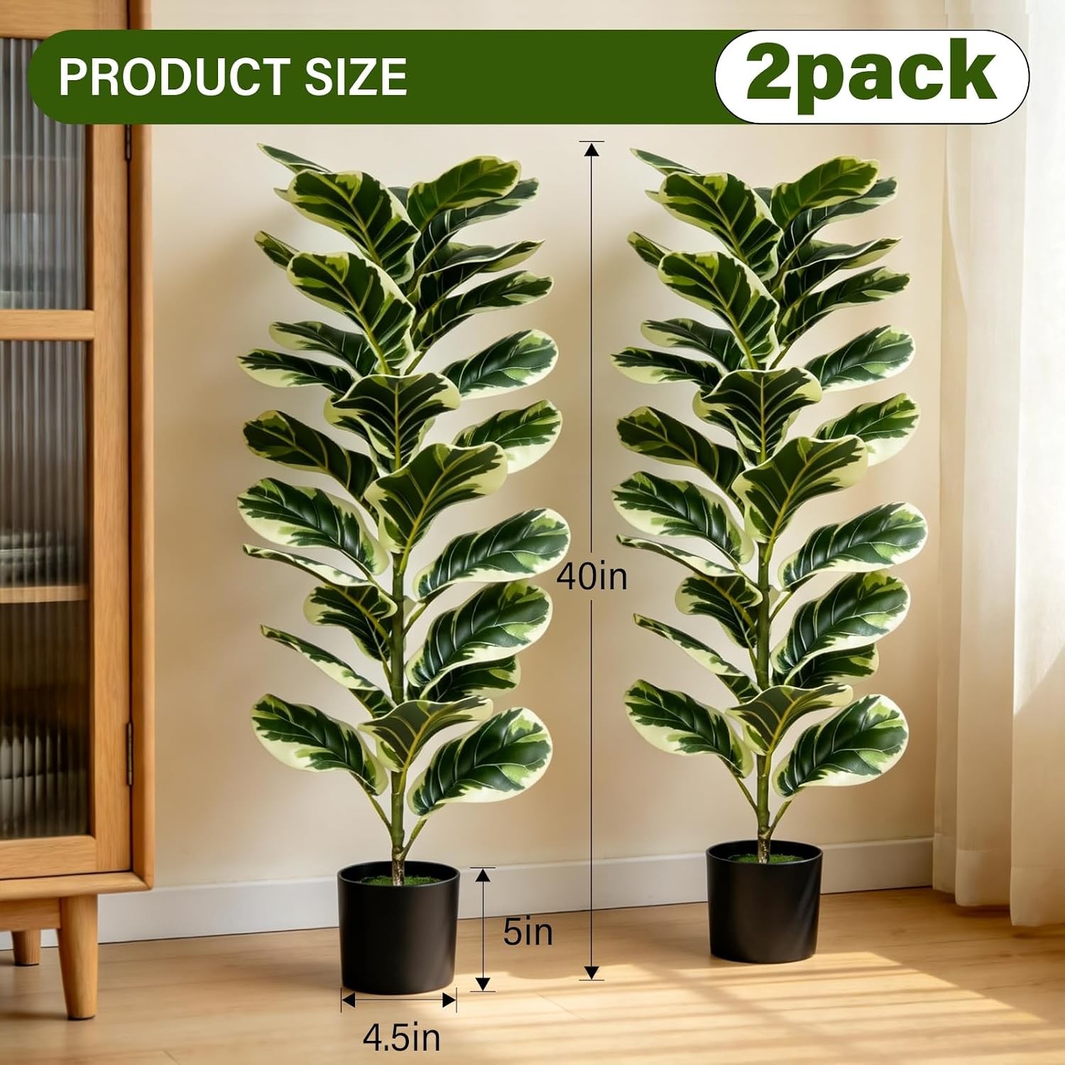 Set of 2 Fiddle Leaf Fig Tree 40” Fake Tree Plants Artificial Decor with Green