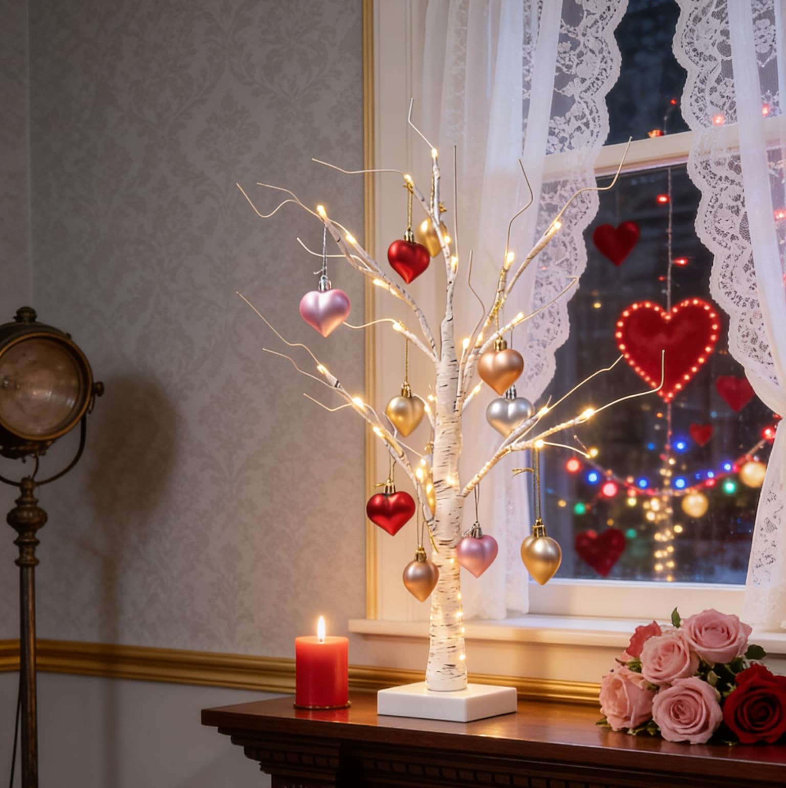 2 PCS Warm White Lighted Birch Tree Heart Ornament USB Battery Valentine Decor