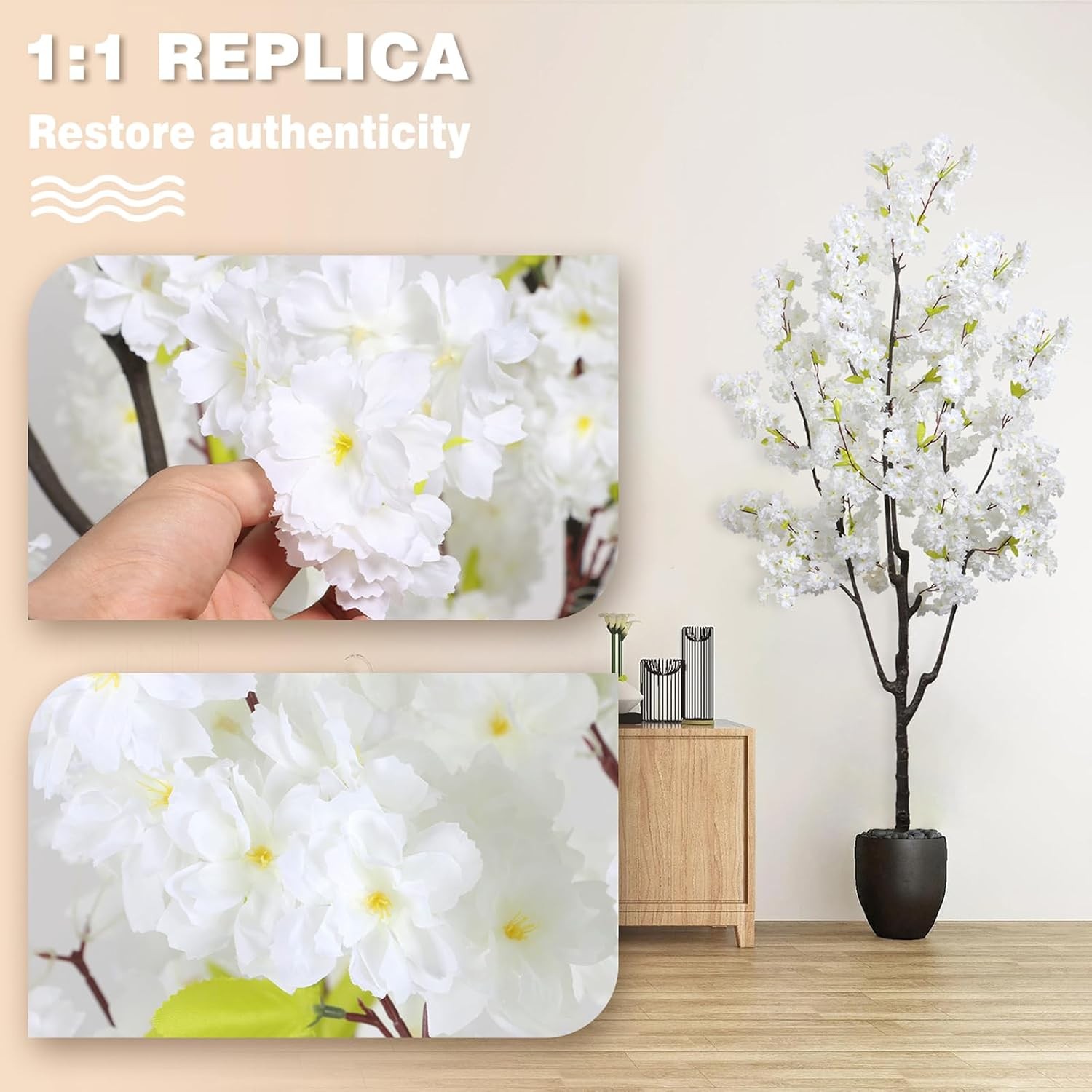 Faux White Cherry Blossom 6ft(72in) Artificial Floor Green Plant Indoor Decor