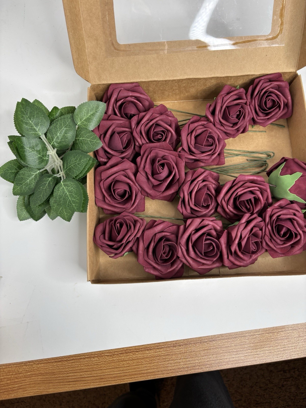 Artificial Flowers Real Look Burgundy Foam Roses 16 stems & 7 Greenery
