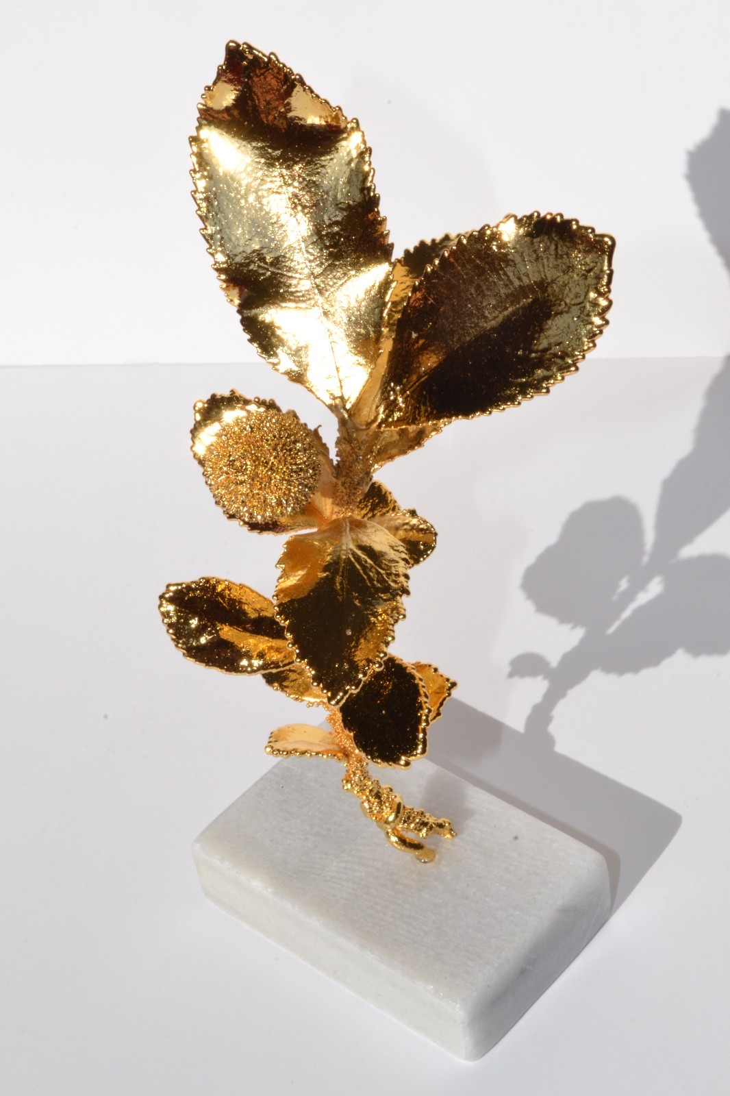 Decorative Real Natural Arbutus Unedo Handmade 24kt Gold Plated on Marble Base