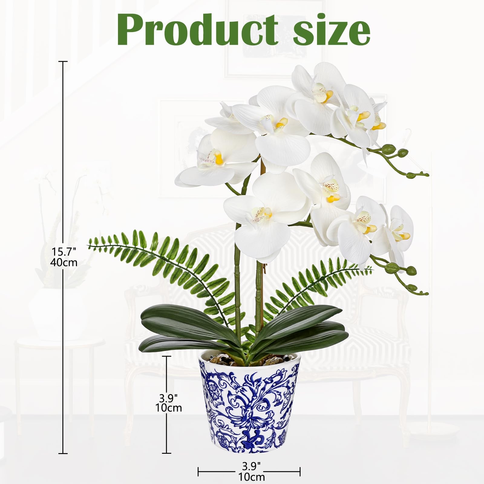 White Orchid Artificial Flowers Blue and White Pot 15.7″ Silk Fake Plant