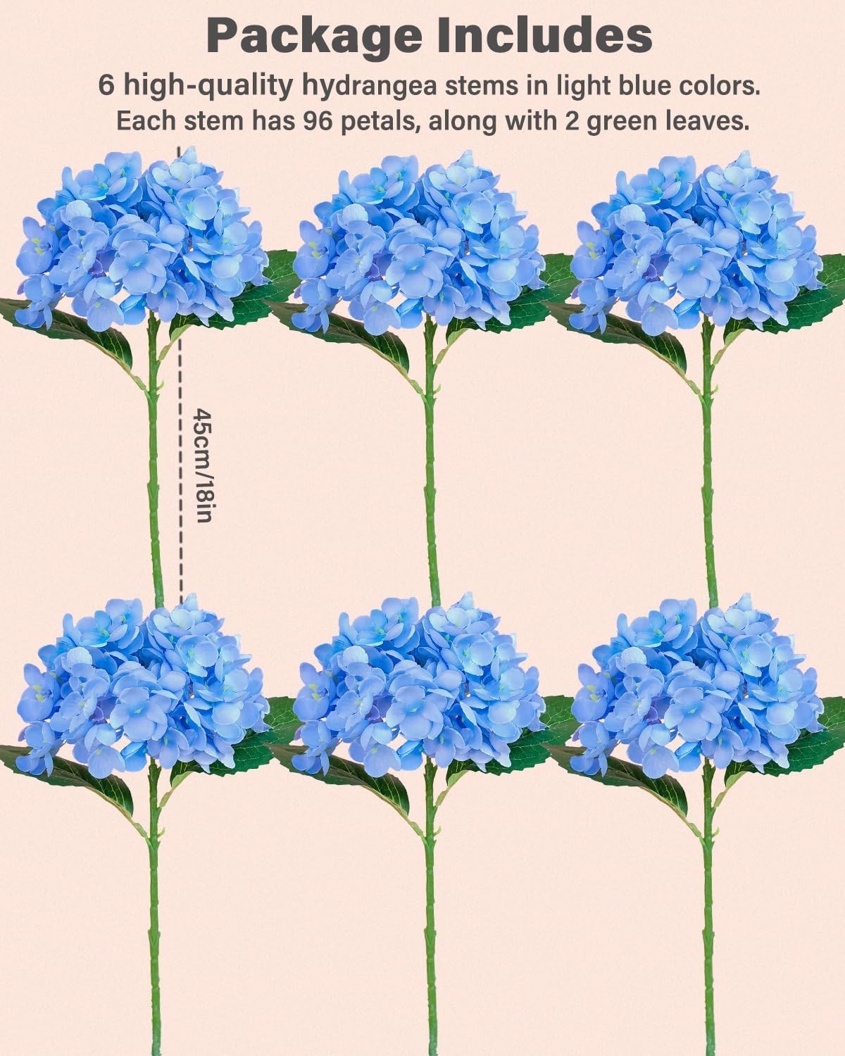 6PCS Premium Blue Silk Hydrangea Artificial Flowers Bouquets – Realistic Fake Hy