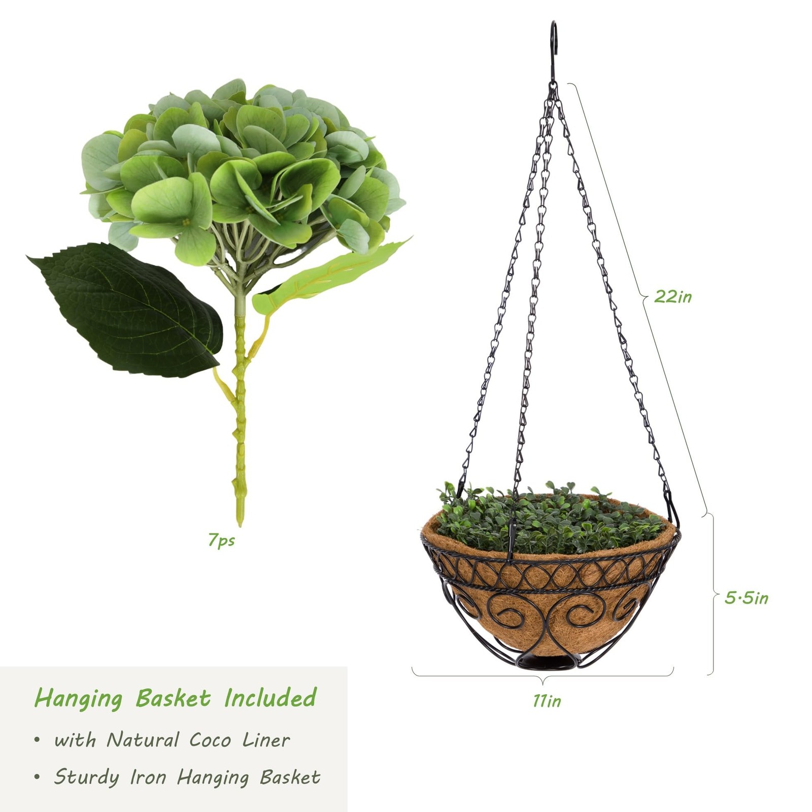 2 Pack Hanging Green Hydrangea Artificial Flowers with 11in Basket, Outdoor F…