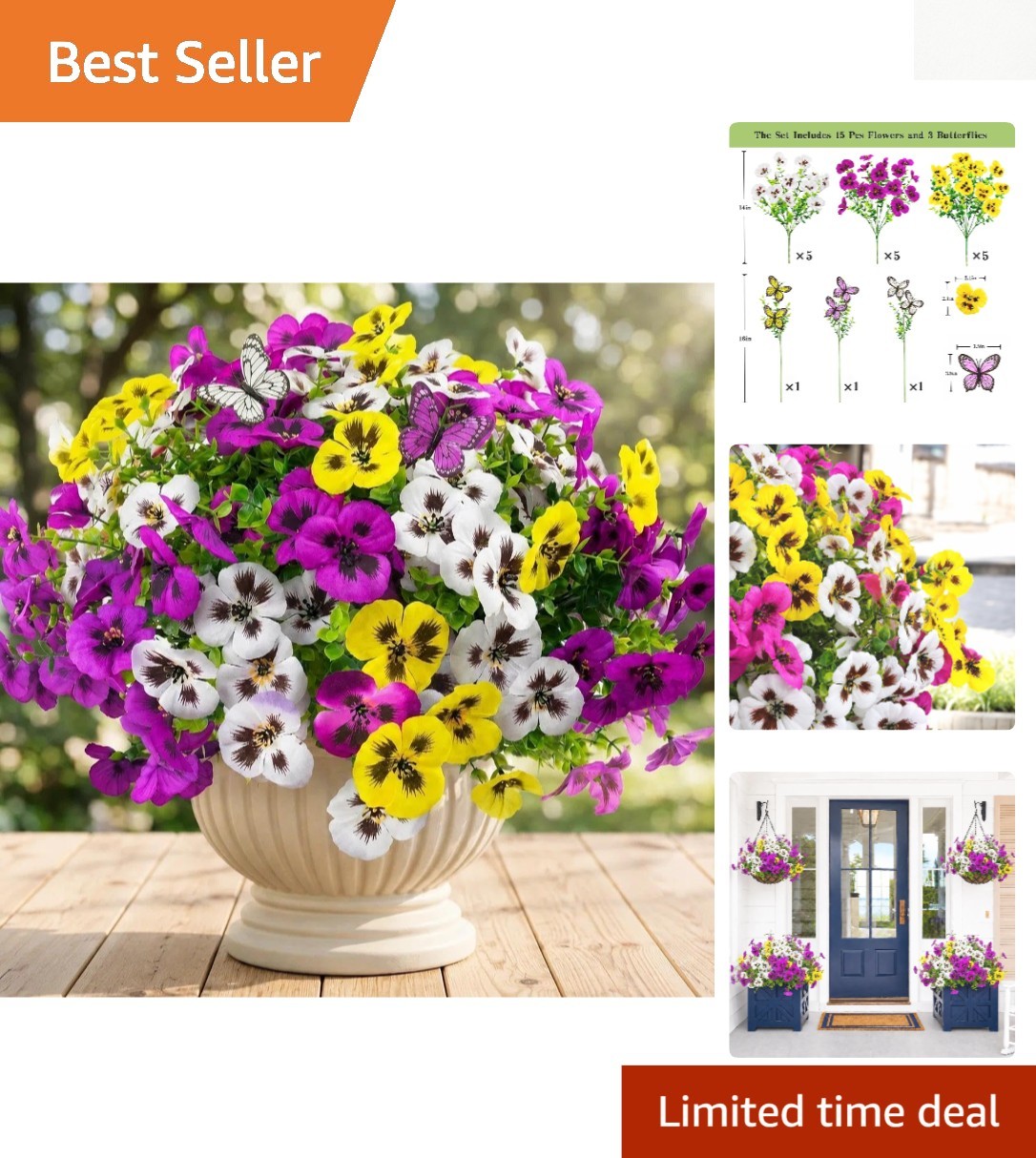 18pcs Outdoor Artificial Pansies with Butterflies – Lifelike UV Protected Blooms