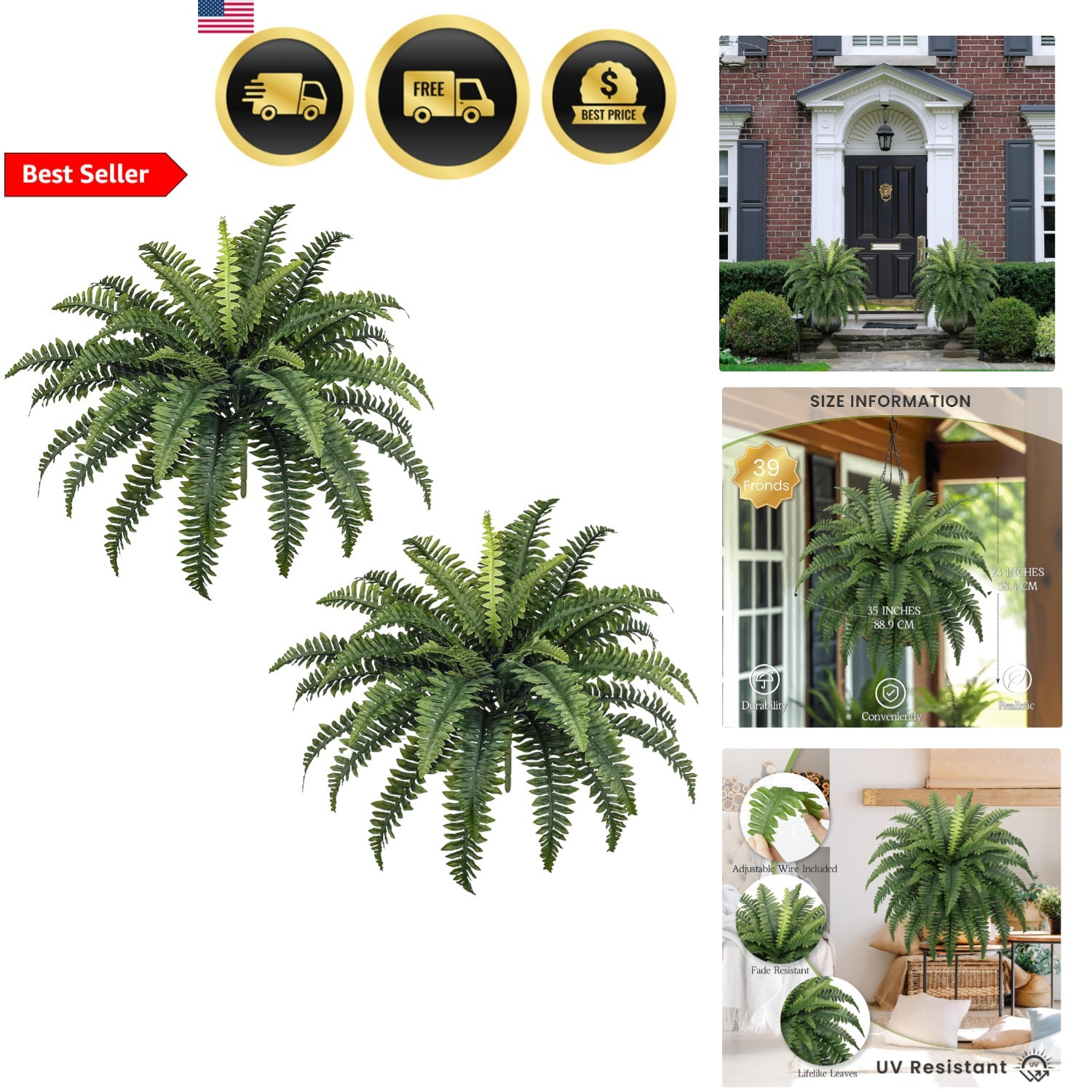 Artificial Fern Bush Plants 35 Inches Tall 2 Pack for Home and Garden Decor