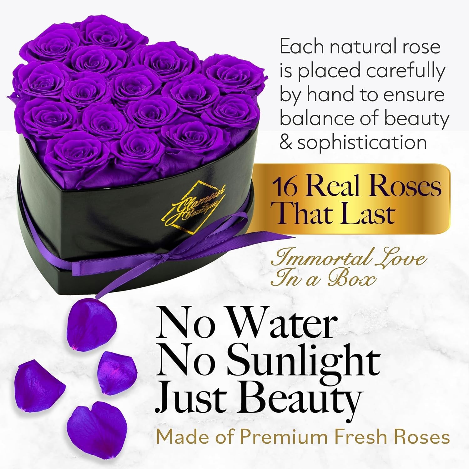 16 Purple Roses in Heart Shape Box – Eternal Love Gift