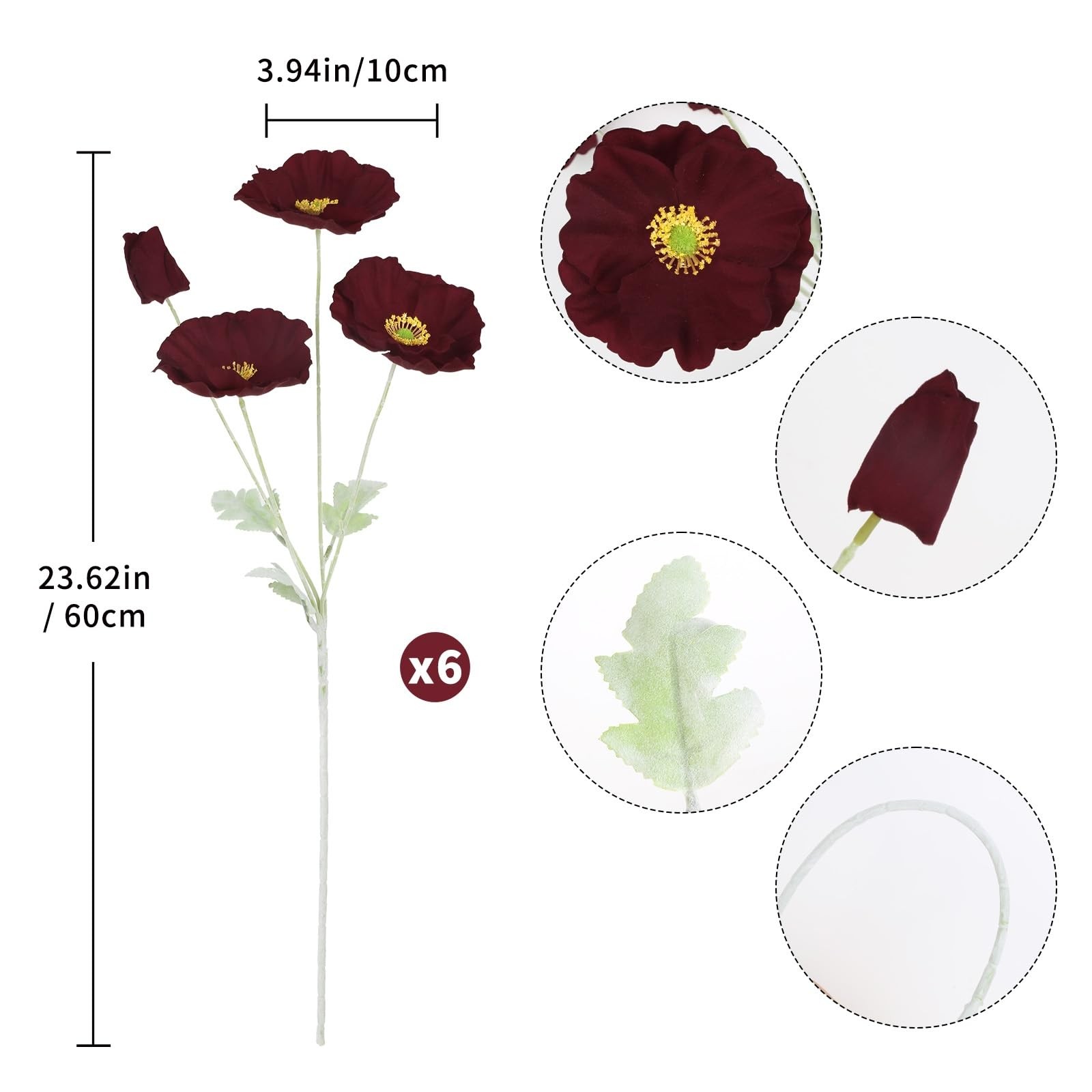 6PCS Velvet Artificial Poppy Flowers Burgundy Fake Poppies Faux Flowers with …