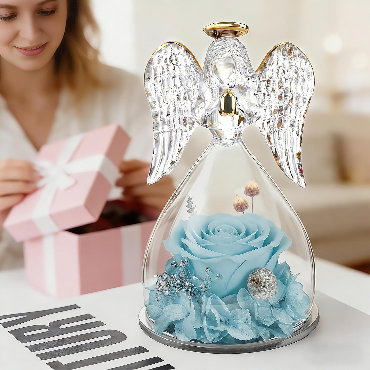 Yamonic Mom Birthday Gifts for Mom, Glass Angel Figurines Forever Real Rose Gift