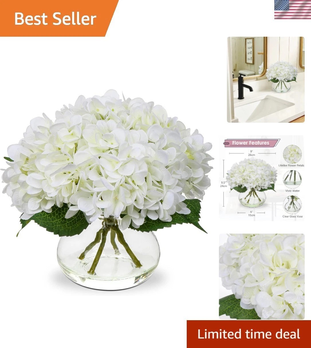 Realistic Silk Hydrangea Flower Arrangement in Glass Vase – Perfect Centerpiece
