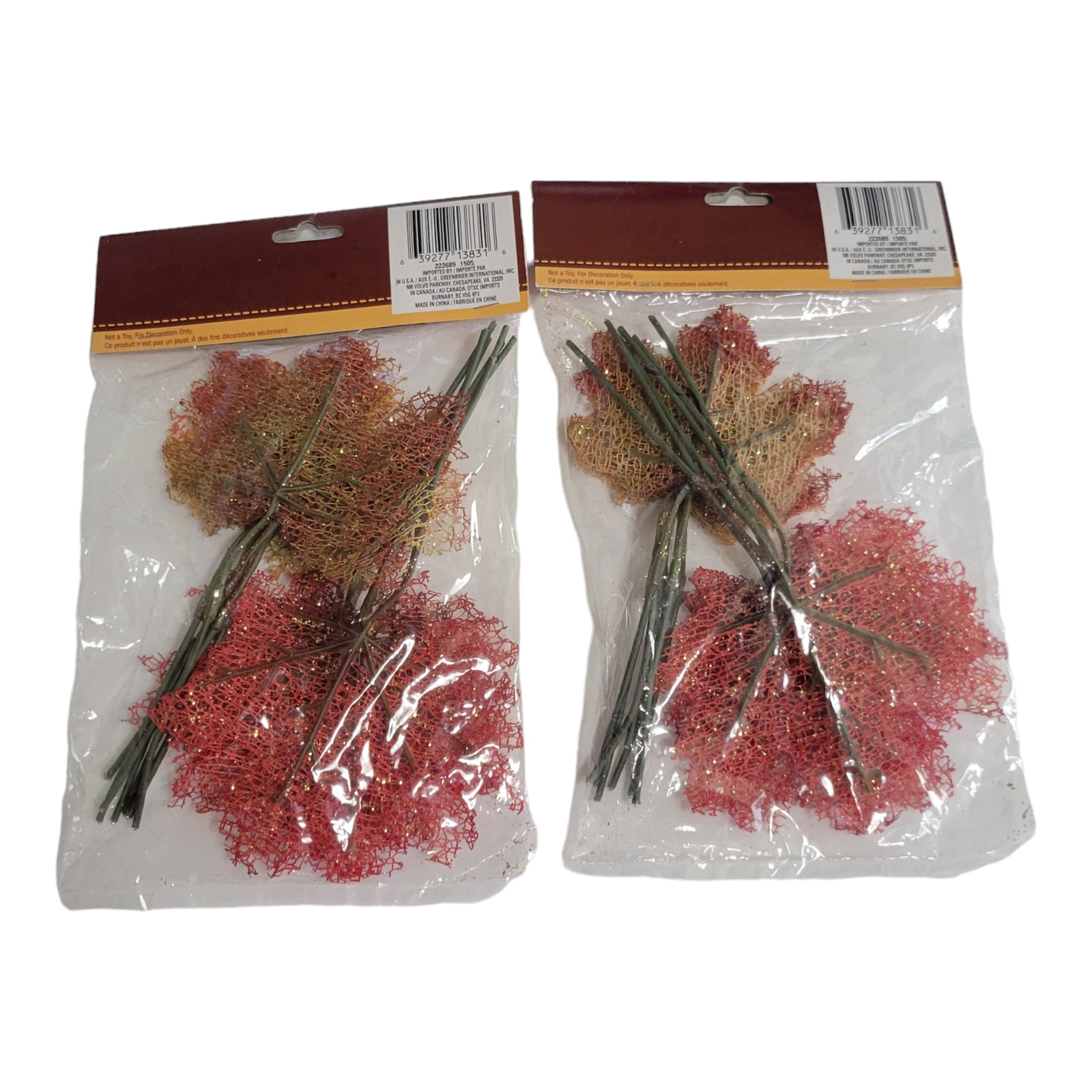 Lot of 2 Autumn Mesh Maple Leaves Wire Stems Glitter Golds Yellows 14 Each Bag