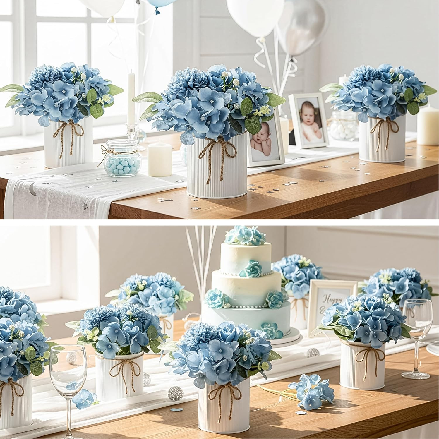 Dusty Blue Hydrangea Centerpieces – 10PCS Silk Flowers with Vase for Events